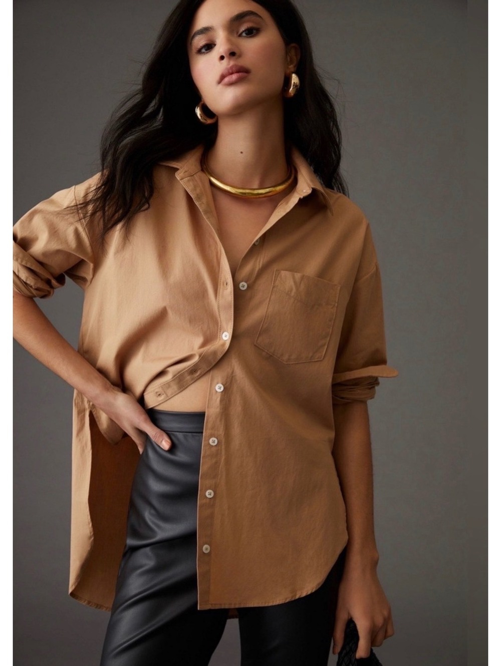 Maeve Brown Cotton Button-Down Shirt - Small
